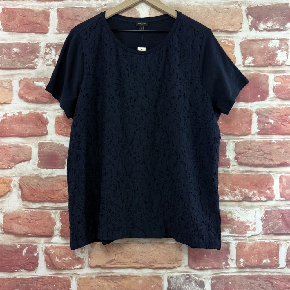 Talbots Top Women's 1X Dark Blue Embroidered Floral Lace Slubbed Casual Shirt